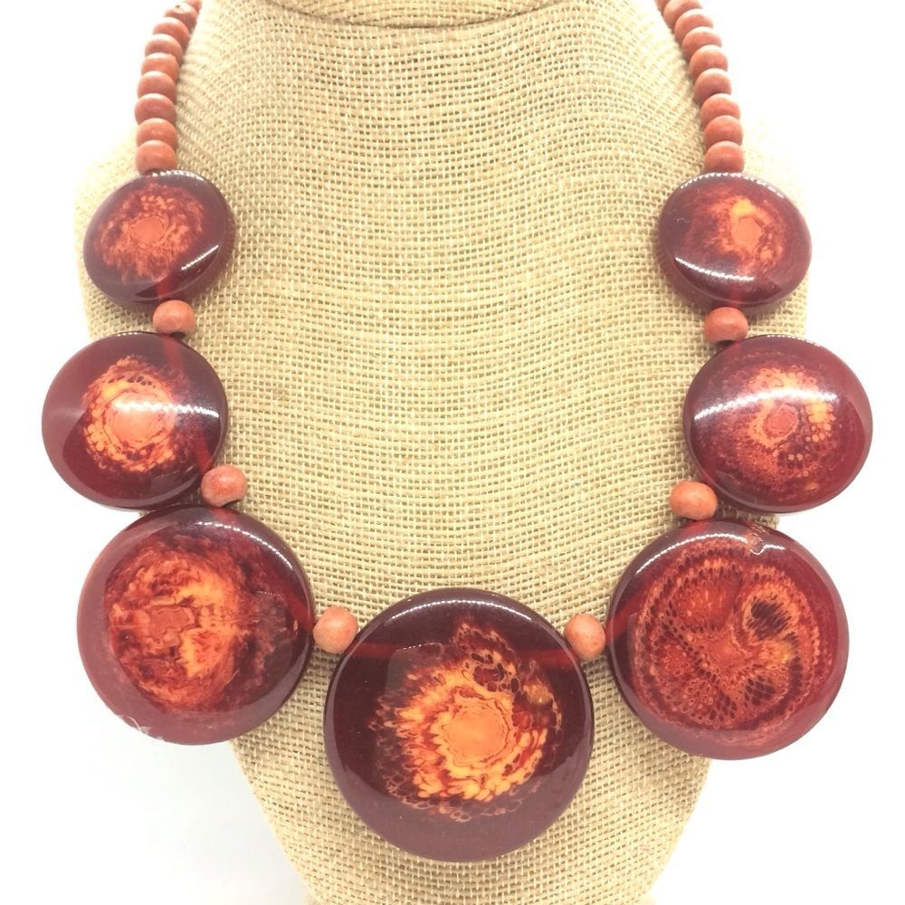 Lucite Statement Necklace Disc Wood Beads Circle Boho Retro